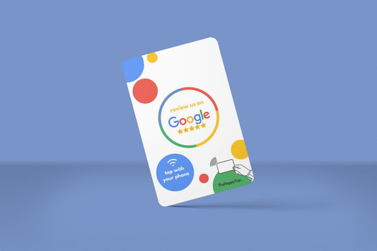 Contactloze Happy Tap kaart voor Google-recensies: Verzamel moeiteloos waardevolle feedback met onze geavanceerde NFC-technologie. Kies tussen de standaard kaart, een gepersonaliseerde kaart met jouw bedrijfsnaam, of upload jouw eigen ontwerp voor een unieke uitstraling. Versterk jouw online reputatie met The Happy Tap!